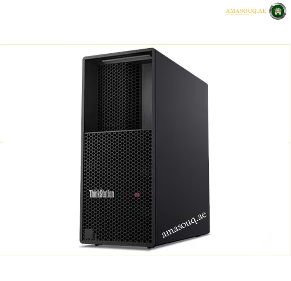 Lenovo ThinkStation P3 Tower Gen 2 30HT0041AX Front View. A black ThinkStation desktop computer tower on a white background, featuring the ThinkStation logo on the front and an amasouq.ac website watermark on the side.