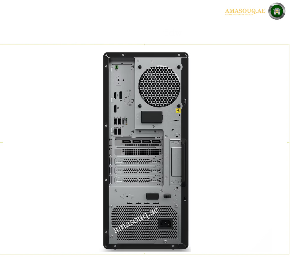 The rear view of a black and silver desktop computer tower, showing various ports, drive bays, and ventilation grilles, set against a white background with a watermark.