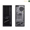 Front and back views of a Lenovo ThinkPad desktop computer tower on a white background, showing the black perforated front grille and the silver internal chassis. lenovo-thinkstation-p4-30kns03r00-front and rear.