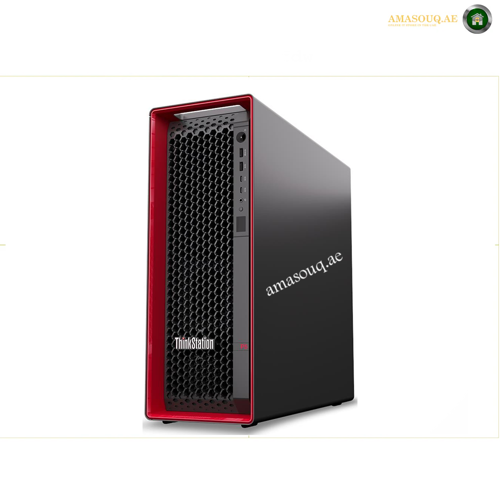 ThinkPad desktop tower computer in black with a red front frame, shown at a three-quarter angle on a whitebackground. Lenovo ThinkStation P5 Tower Workstation 30GA002MAX front view