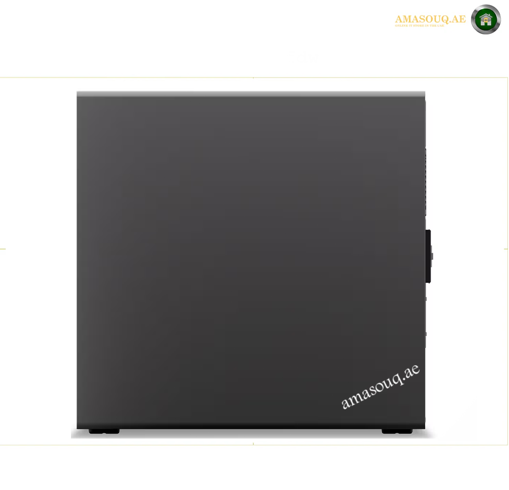 A black computer tower case shown from the front on a white background, with a small AMASOUQ.AE watermark in the bottom right corner. Lenovo ThinkStation P5 workstation internal components.