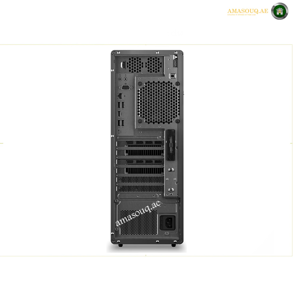 A black desktop computer tower shown from the back, featuring multiple ports, ventilation grilles, and drive bays, photographed against a plain white background. Lenovo ThinkStation P5 workstation rear ports
