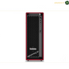 A red and black ThinkStation desktop computer tower shown from the front on a white background, with a visible ThinkStation logo on the lower front . Lenovo ThinkStation P5 tower workstation side viewpanel.