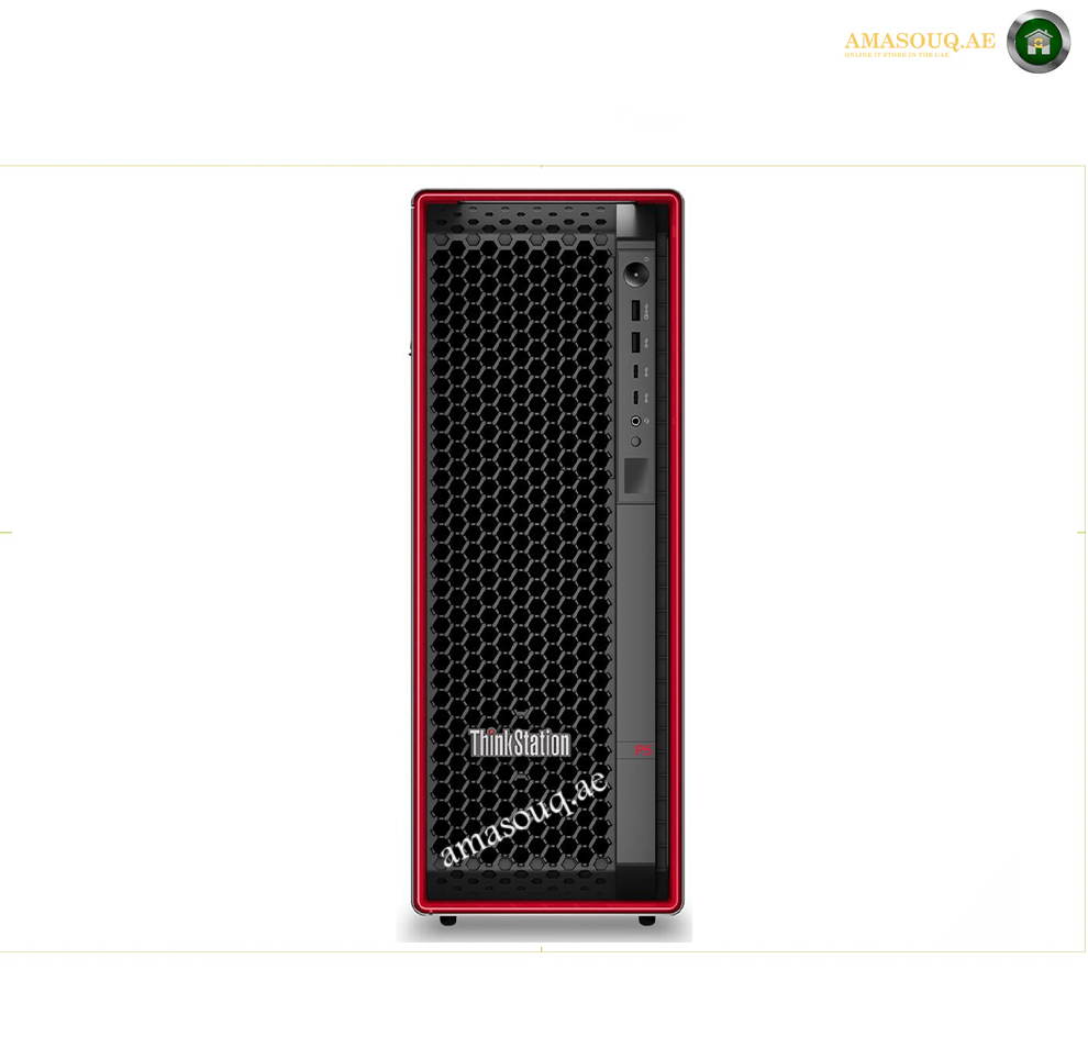 A red and black ThinkStation desktop computer tower shown from the front on a white background, with a visible ThinkStation logo on the lower front . Lenovo ThinkStation P5 tower workstation side viewpanel.