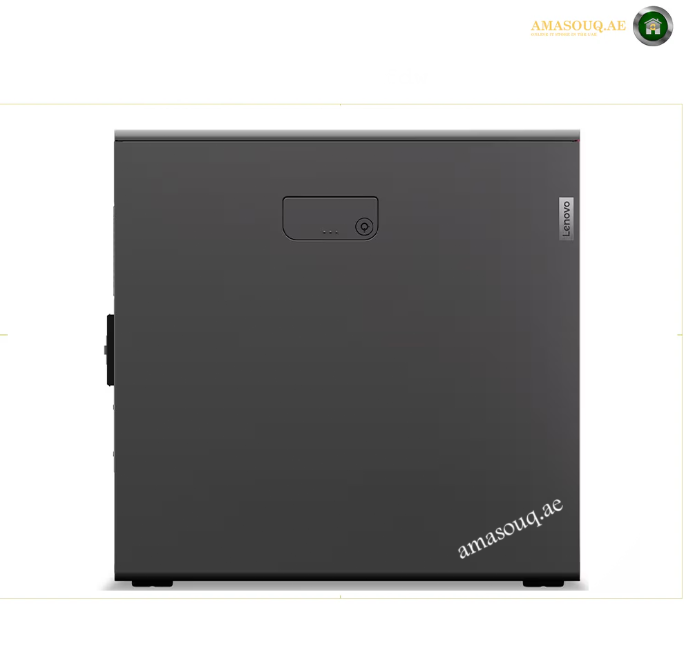 A dark gray Lenovo ThinkPad desktop tower shown from the front on a white background, with a small Lenovo logo on the right side and an Amazon watermark in the bottom right corner. Lenovo ThinkStation P5 Xeon W5-2465X professional workstation.