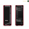 Front and back views of a ThinkStation desktop computer tower with a red and black design, shown on a white background.