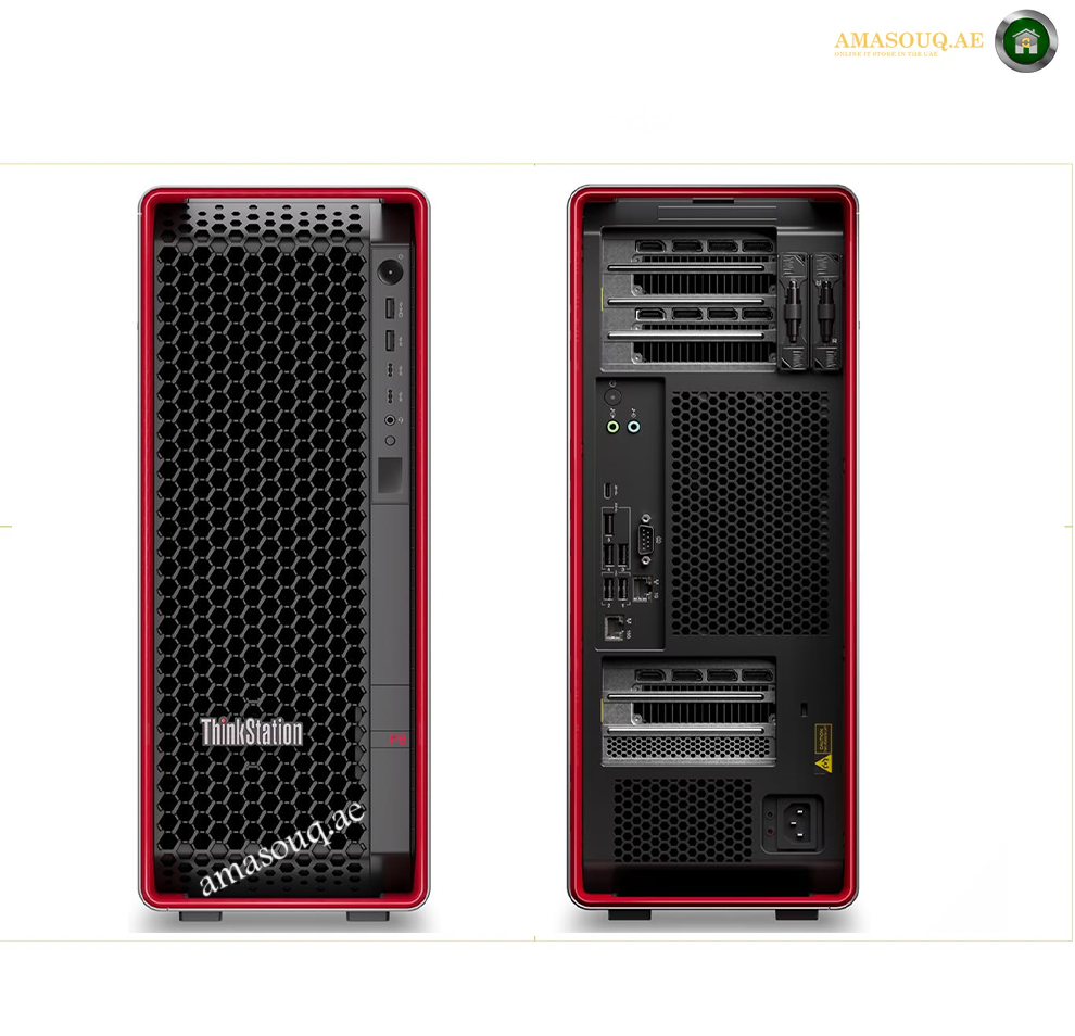 Front and back views of a ThinkStation desktop computer tower with a red and black design, shown on a white background.