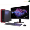 A desktop computer setup featuring a black tower PC with red side accents, a wide monitor displaying a colorful abstract graphic, a keyboard, and a mouse on a white background. Lenovo ThinkStation P8 30HH0020AX with Arabic keyboard and Calliope mouse