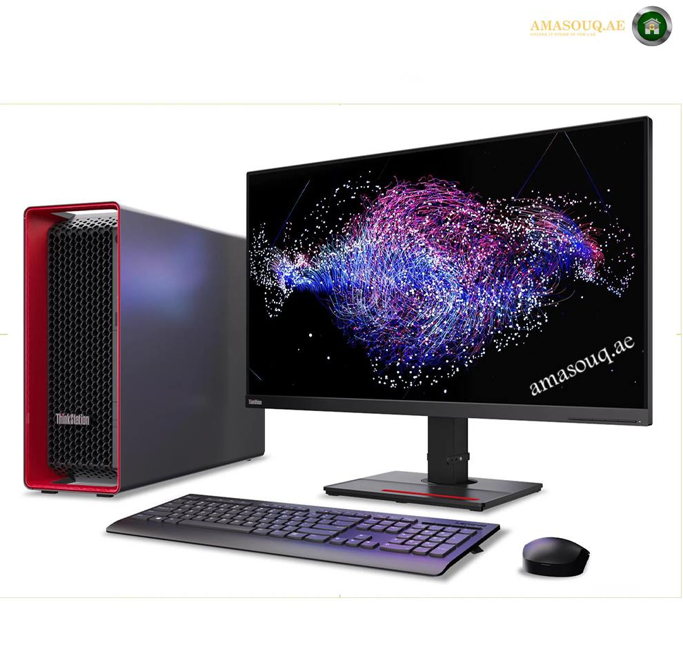 A desktop computer setup featuring a black tower PC with red side accents, a wide monitor displaying a colorful abstract graphic, a keyboard, and a mouse on a white background. Lenovo ThinkStation P8 30HH0020AX with Arabic keyboard and Calliope mouse