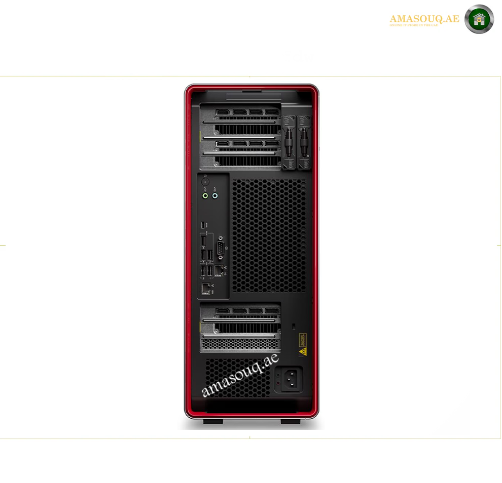 A red and black desktop computer tower shown from the rear, featuring multiple drive bays, ports, and ventilation grilles, set against a plain white background. Lenovo ThinkStation P8 Tower Workstation 30HH0022AX front view.