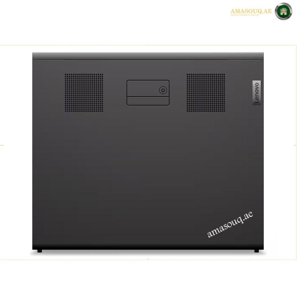 A black Lenovo desktop tower computer shown from the front on a white background, with two vent grilles, a central rectangular panel, and a Lenovo logo on the right side. Lenovo ThinkStation P8 professional workstation internal components.