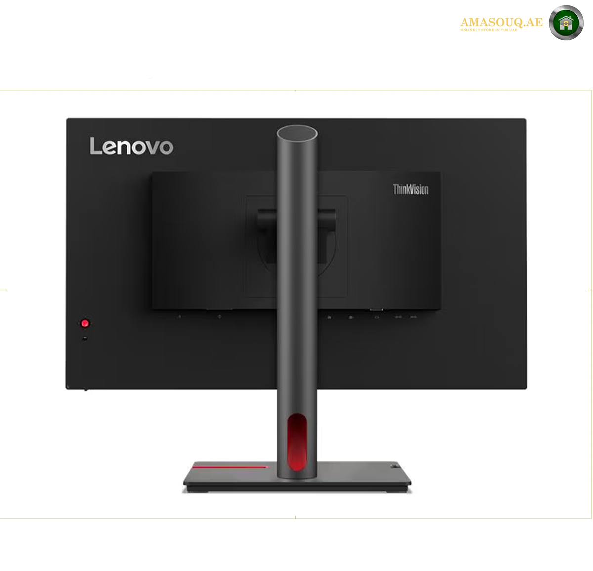 Lenovo ThinkVision P25i-30 monitor with 100Hz refresh rate | 63F4MAT1UK. Lenovo Legion 27-inch monitor shown from the back, featuring a matte black finish, a textured central stand, and the Lenovo logo on the stand.