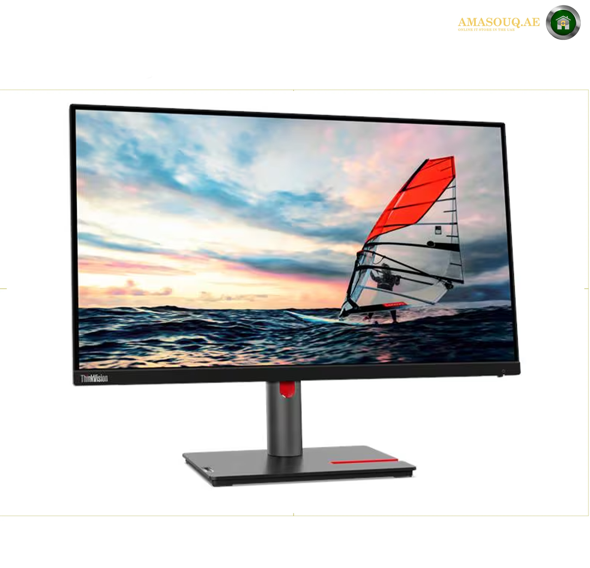 Lenovo ThinkVision P25i-30 24.5-inch Full HD monitor front view | 63F4MAT1UK. Lenovo Legion gaming monitor with a black stand, shown at a three-quarter angle against a white background. The screen displays a colorful sci-fi landscape with the Lenovo Legion branding.