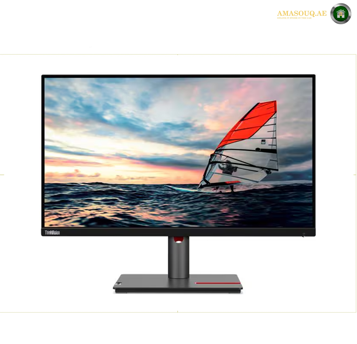 Lenovo ThinkVision P25i-30 Full HD IPS display | 63F4MAT1UK. A Lenovo desktop monitor with a slim black bezel and stand, displaying a colorful mountain lake landscape on the screen. The monitor is photographed on a clean white background with a small logo watermark in the top right corner.