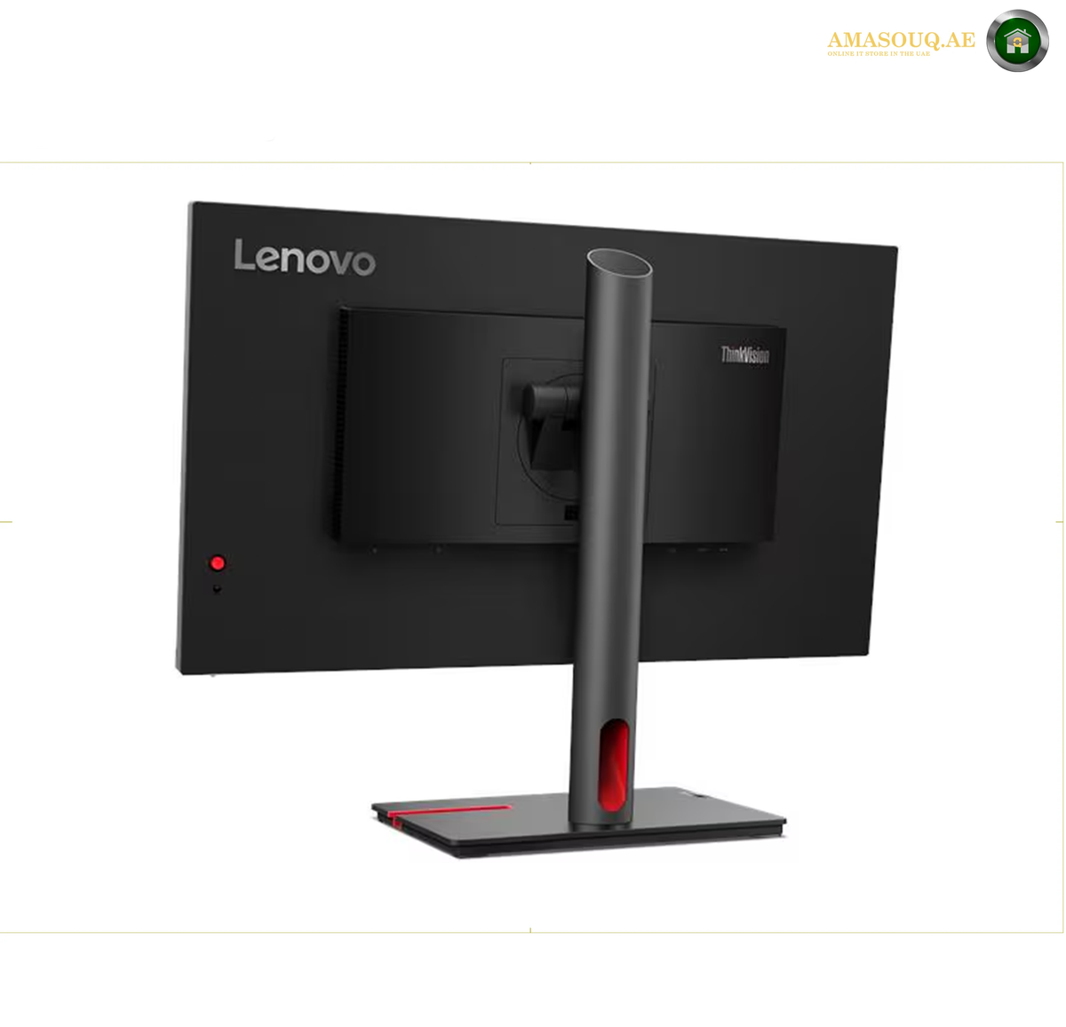 Lenovo ThinkVision P25i-30 three-sided near-edgeless monitor design | 63F4MAT1UK. Two black dual monitor desk stands shown from the side on a white background, with a small AMASOUQAE logo in the top right corner.