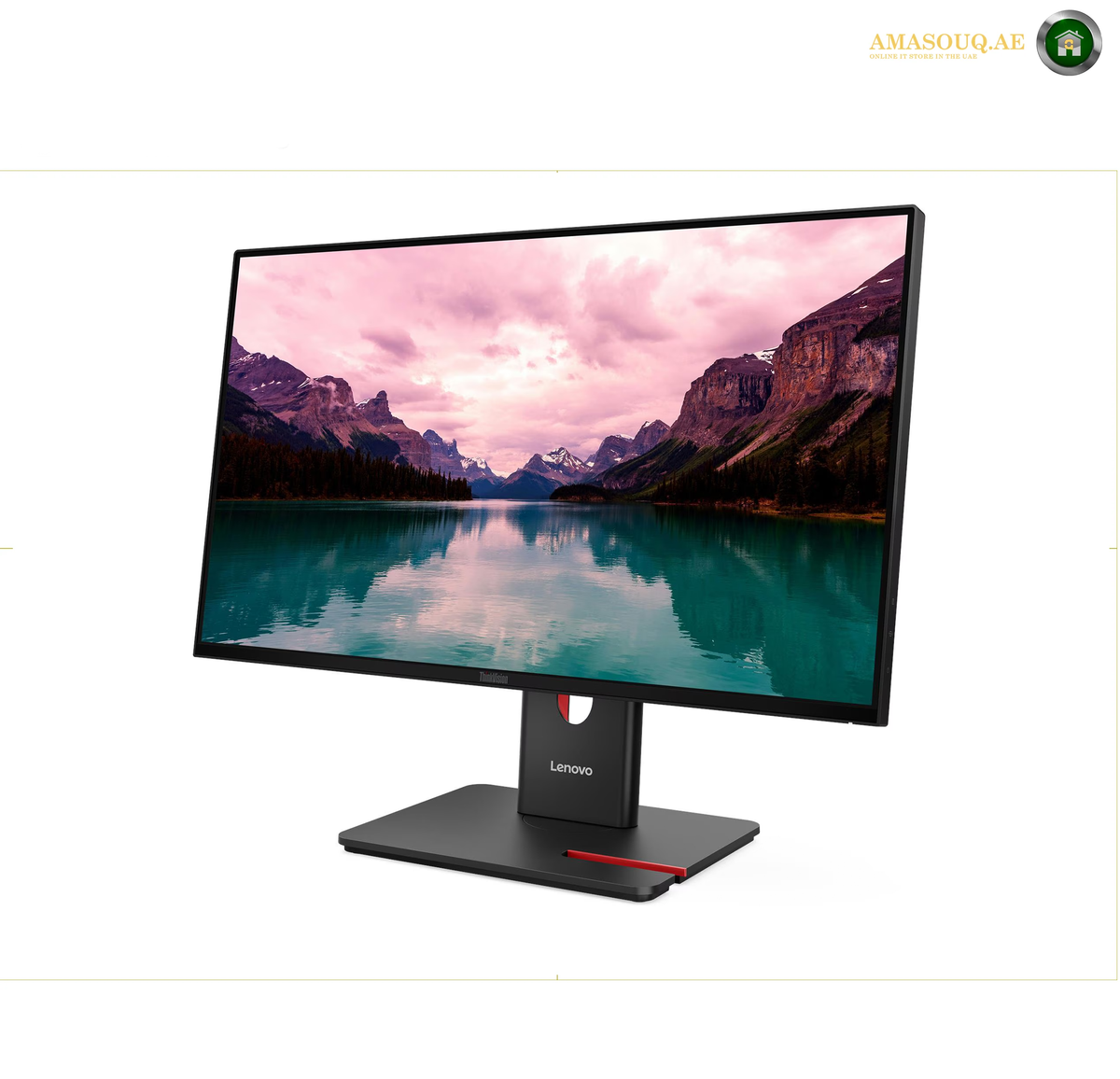 Lenovo desktop monitor with a slim black bezel and stand, displaying a mountain lake landscape on a white background.