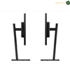 Two black dual monitor desk stands shown from the side on a white background, with a small logo in the top right corner.
