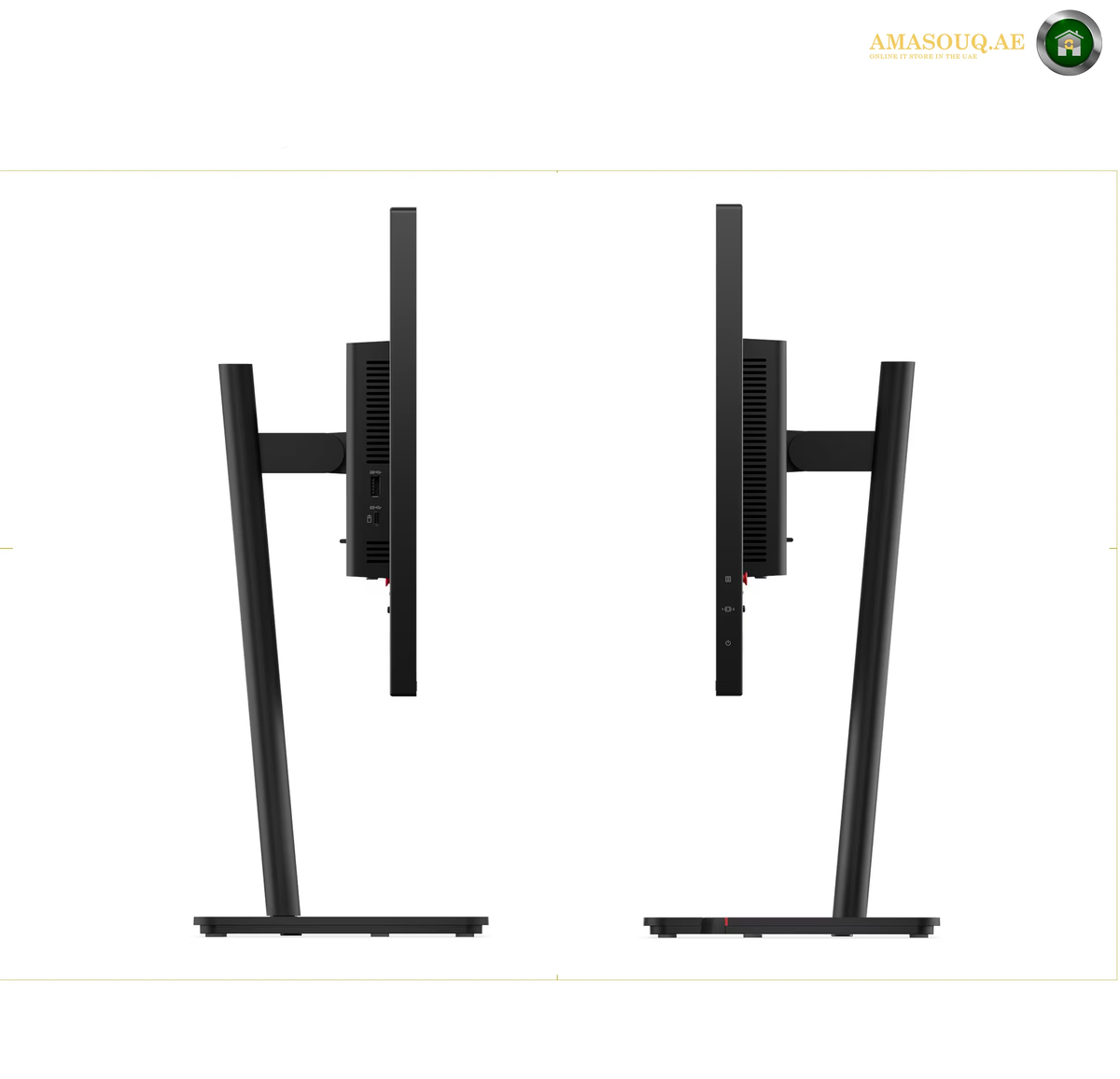 Two black dual monitor desk stands shown from the side on a white background, with a small logo in the top right corner.