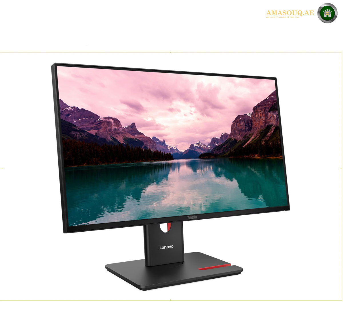 A Lenovo desktop monitor with a slim black bezel and stand, displaying a colorful mountain lake landscape on the screen. The monitor is photographed on a clean white background with a small logo watermark in the top right corner.