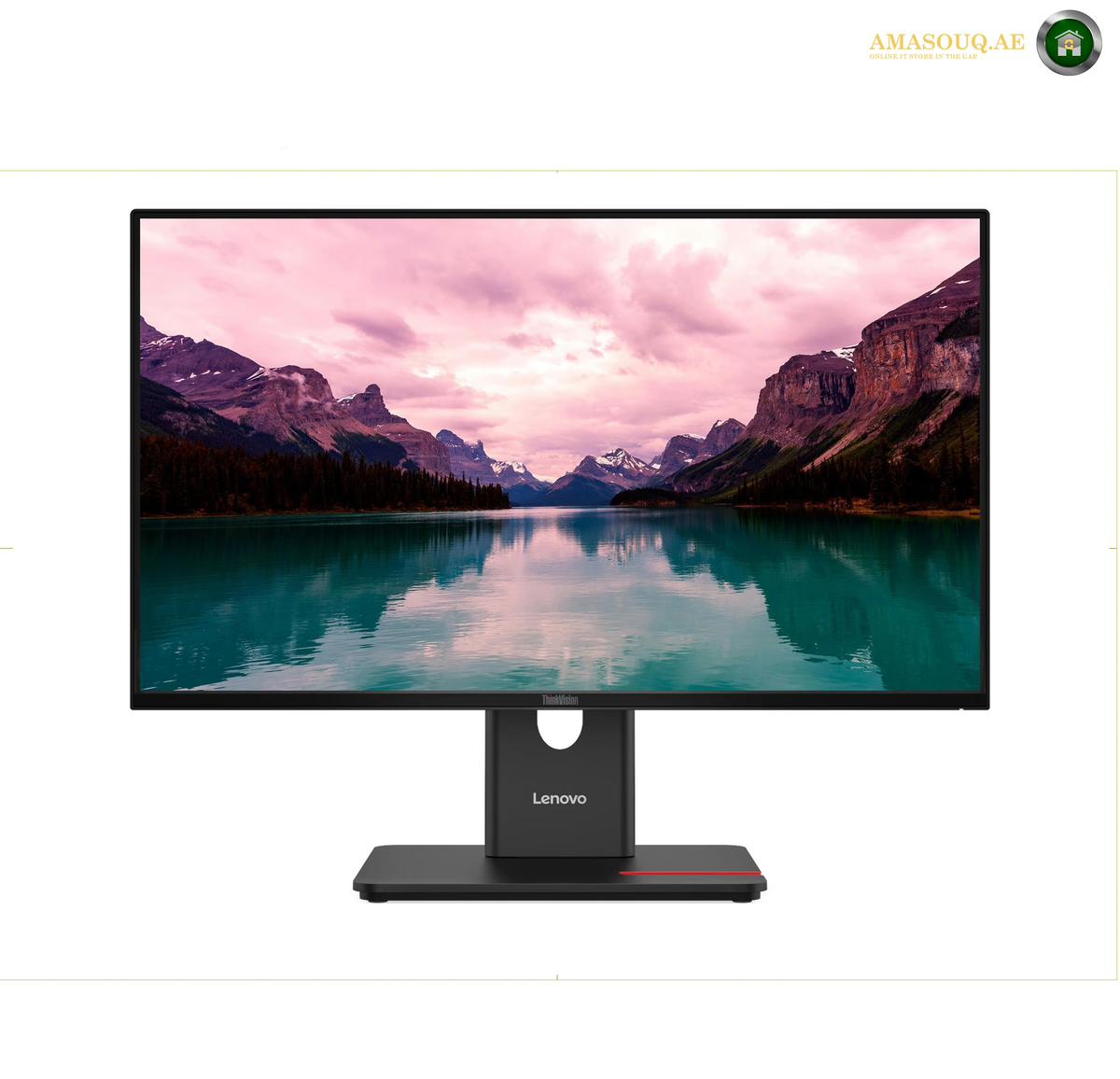 Lenovo Legion gaming monitor with a black stand, shown at a three-quarter angle against a white background. The screen displays a colorful sci-fi landscape with the Lenovo Legion branding.