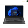 Lenovo V15 G4 15.6 inch Full HD 1920x1080 Laptop Display | 83A1011JAK. A Lenovo laptop shown open and centered on a plain white background, with the screen on displaying a blue Windows desktop and app launcher. The laptop body is dark gray/black, and a Lenovo logo badge is visible at the bottom right corner of the palm rest.