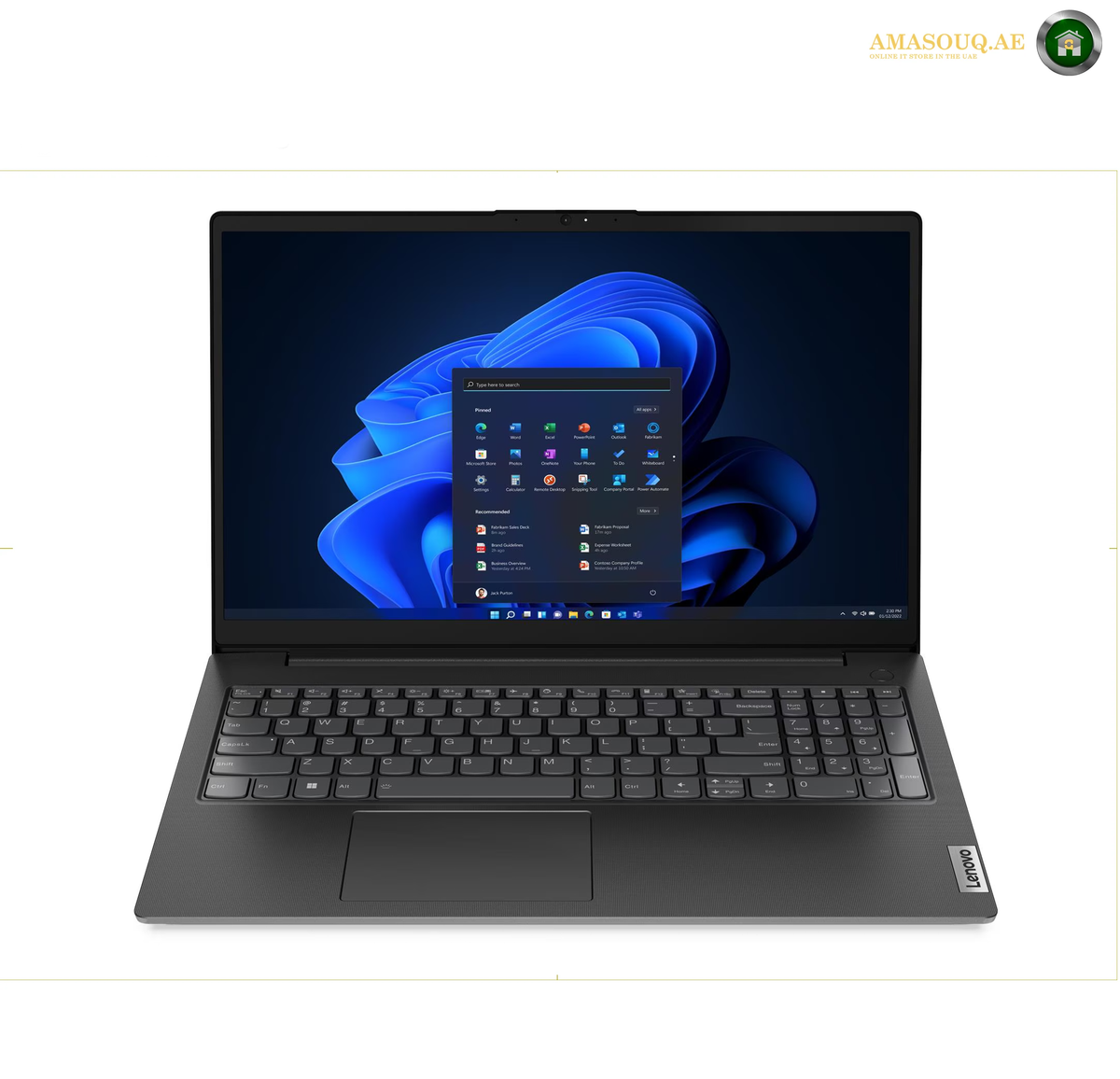 Lenovo V15 G4 15.6 inch Full HD 1920x1080 Laptop Display | 83A1011JAK. A Lenovo laptop shown open and centered on a plain white background, with the screen on displaying a blue Windows desktop and app launcher. The laptop body is dark gray/black, and a Lenovo logo badge is visible at the bottom right corner of the palm rest.