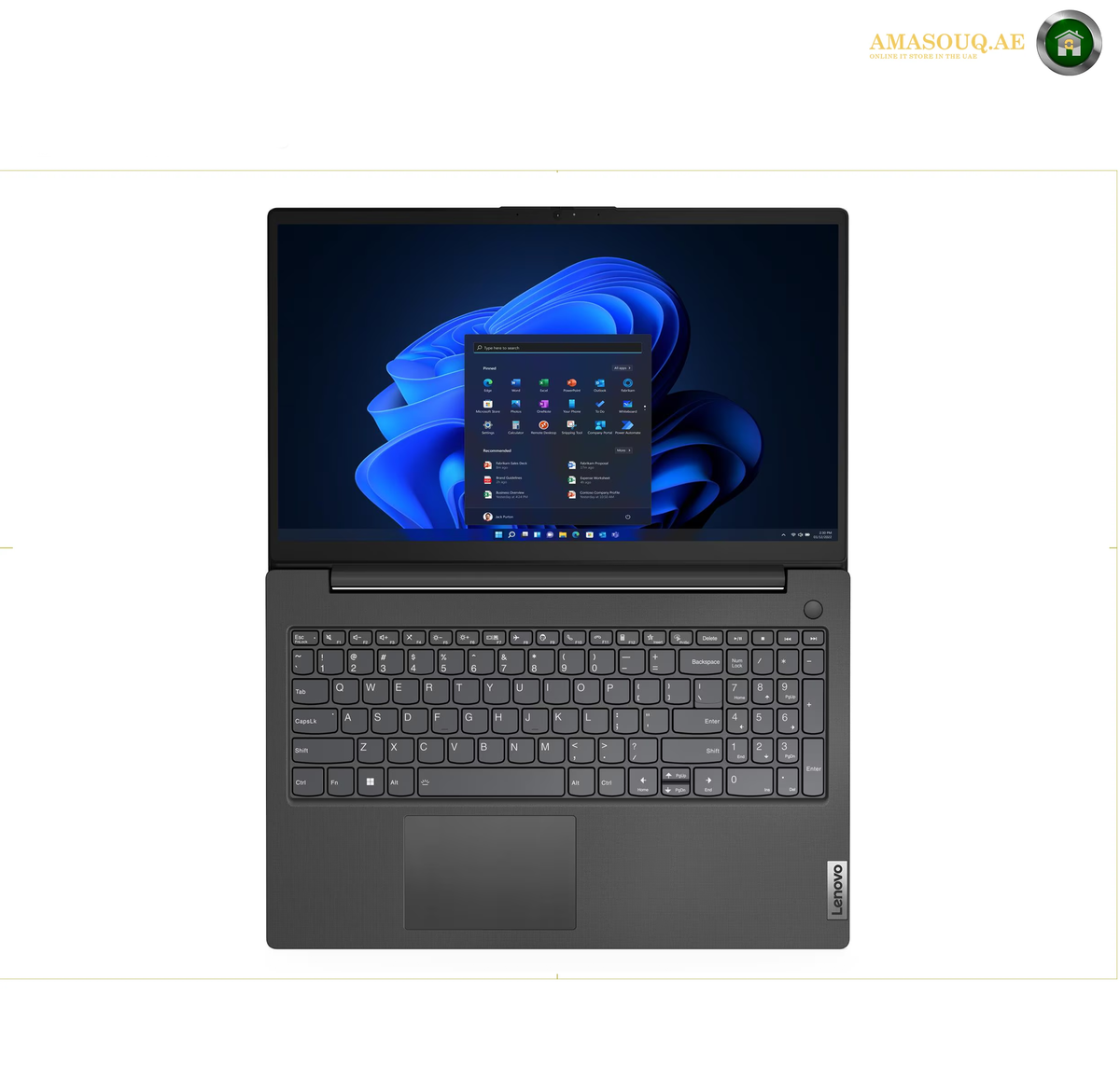 Lenovo V15 G4 Laptop Keyboard and Touchpad Detail for Office Productivity | 83A1011JAK. A Lenovo laptop shown open and centered on a plain white background, with the screen on displaying a blue Windows desktop and a software window. The Lenovo logo is visible at the bottom right corner of the palm rest.