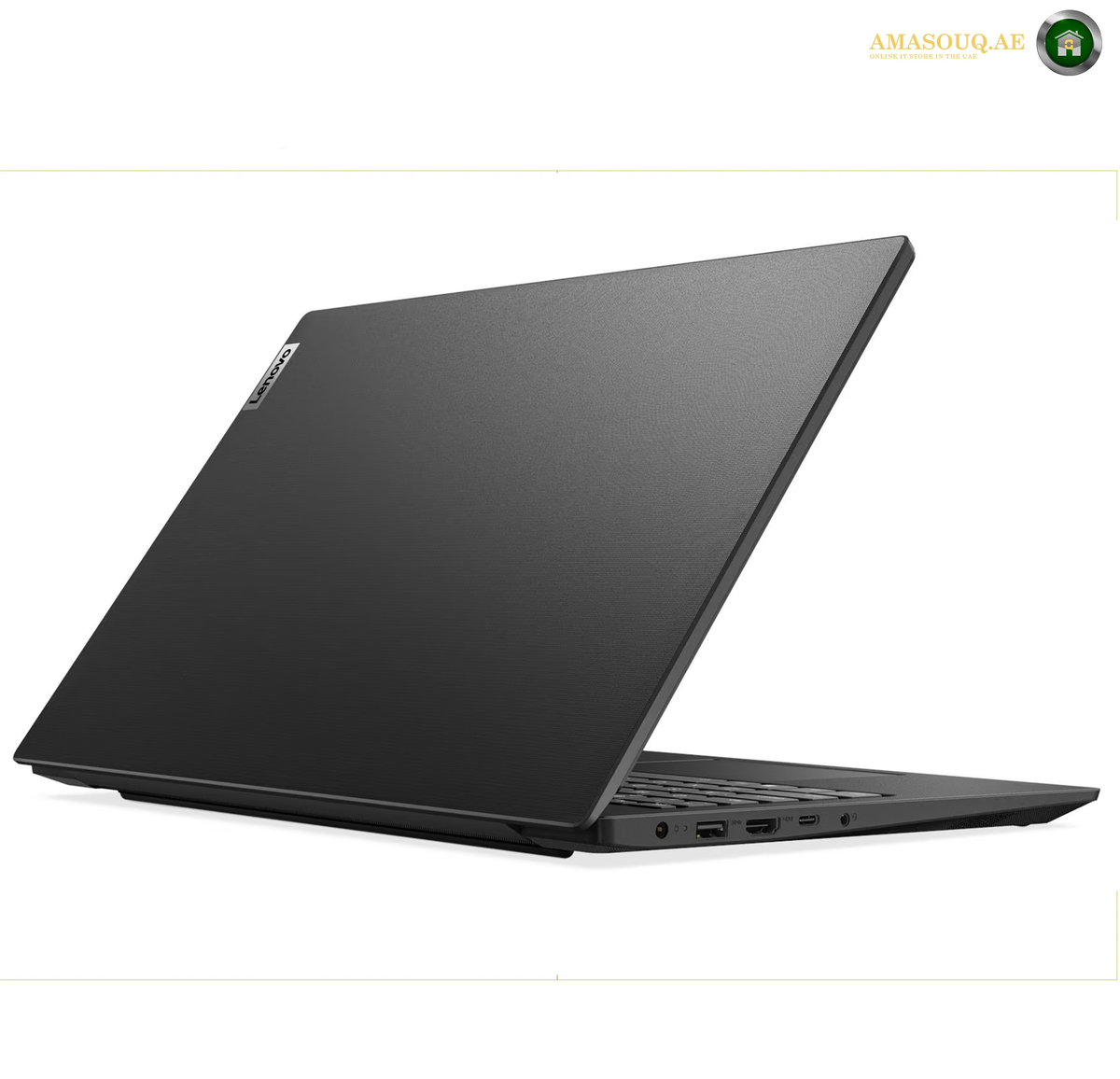 Lenovo V15 G4 15.6 inch Full HD Laptop Front View Slim Design | 83A1011JAK. A black Lenovo laptop shown open at an angle, displaying its matte black lid, keyboard, and side ports against a clean white background.