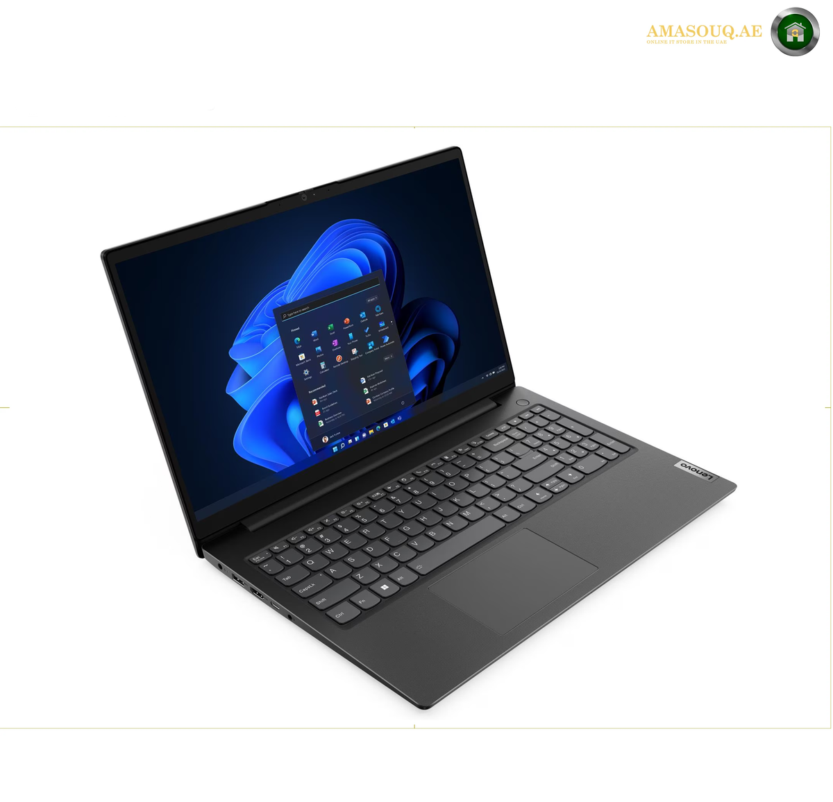 Lenovo V15 G4 Laptop Intel Core i3-1315U 8GB RAM 256GB SSD 15.6 inch FHD Display | 83A1011JAK. A black Lenovo laptop shown open at an angle on a white background, with the screen turned on and displaying a blue Windows desktop. The Lenovo logo is visible on the bottom-right corner of the palm rest.