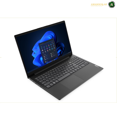 Lenovo V15 G4 Laptop Intel Core i3-1315U 8GB RAM 256GB SSD 15.6 inch FHD Display | 83A1011JAK. A black Lenovo laptop shown open at an angle on a white background, with the screen turned on and displaying a blue Windows desktop. The Lenovo logo is visible on the bottom-right corner of the palm rest.