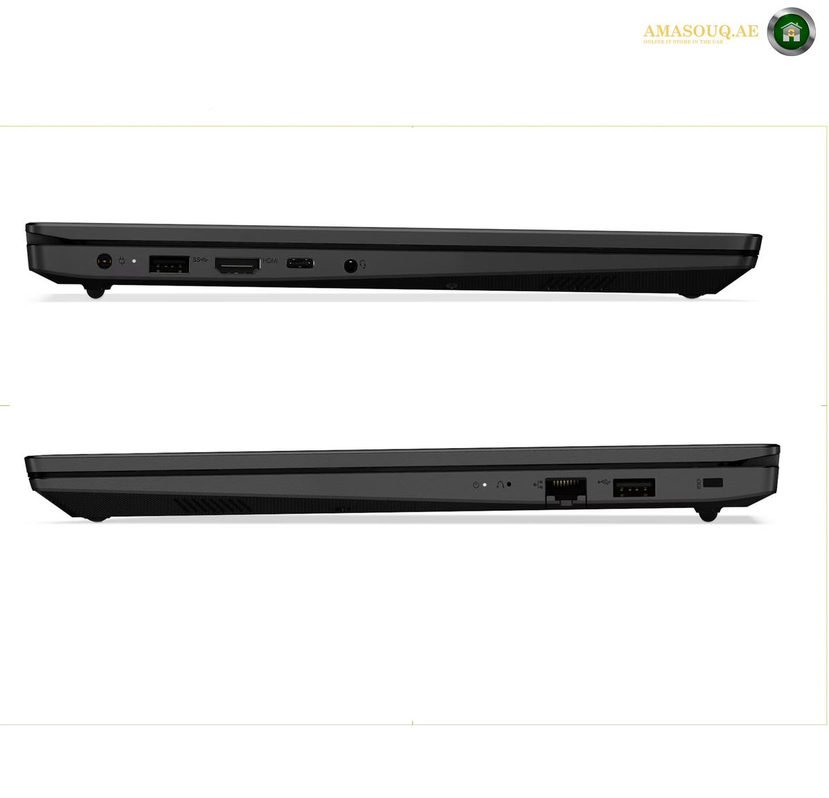 Lenovo V15 G4 Laptop Open View with 15.6 inch FHD Screen and Keyboard | 83A1011JAK. A black laptop shown from the side in two views on a white background, displaying various port openings including USB, HDMI, RJ45, and audio jack. A watermark for 'AMASOUQAE' is visible in the top right corner.