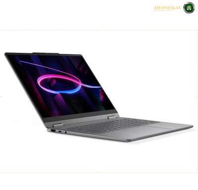 Lenovo Yoga 7 2-in-1 14IPH11 Ultra 7 355 laptop with touchscreen | 83TC009WAK. A silver convertible laptop shown open at an angle, displaying a colorful screen with a dark abstract wallpaper. The laptop is positioned on a clean white background with a faint shadow underneath.