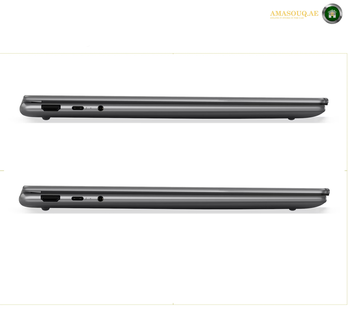 Lenovo Yoga 7 Copilot+ PC with 16GB RAM and 512GB SSD | 83TC009WAK. A dark gray laptop shown from the side profile, displayed twice vertically on a white background with a small 'AMASOUQ.AE' watermark in the top right corner.