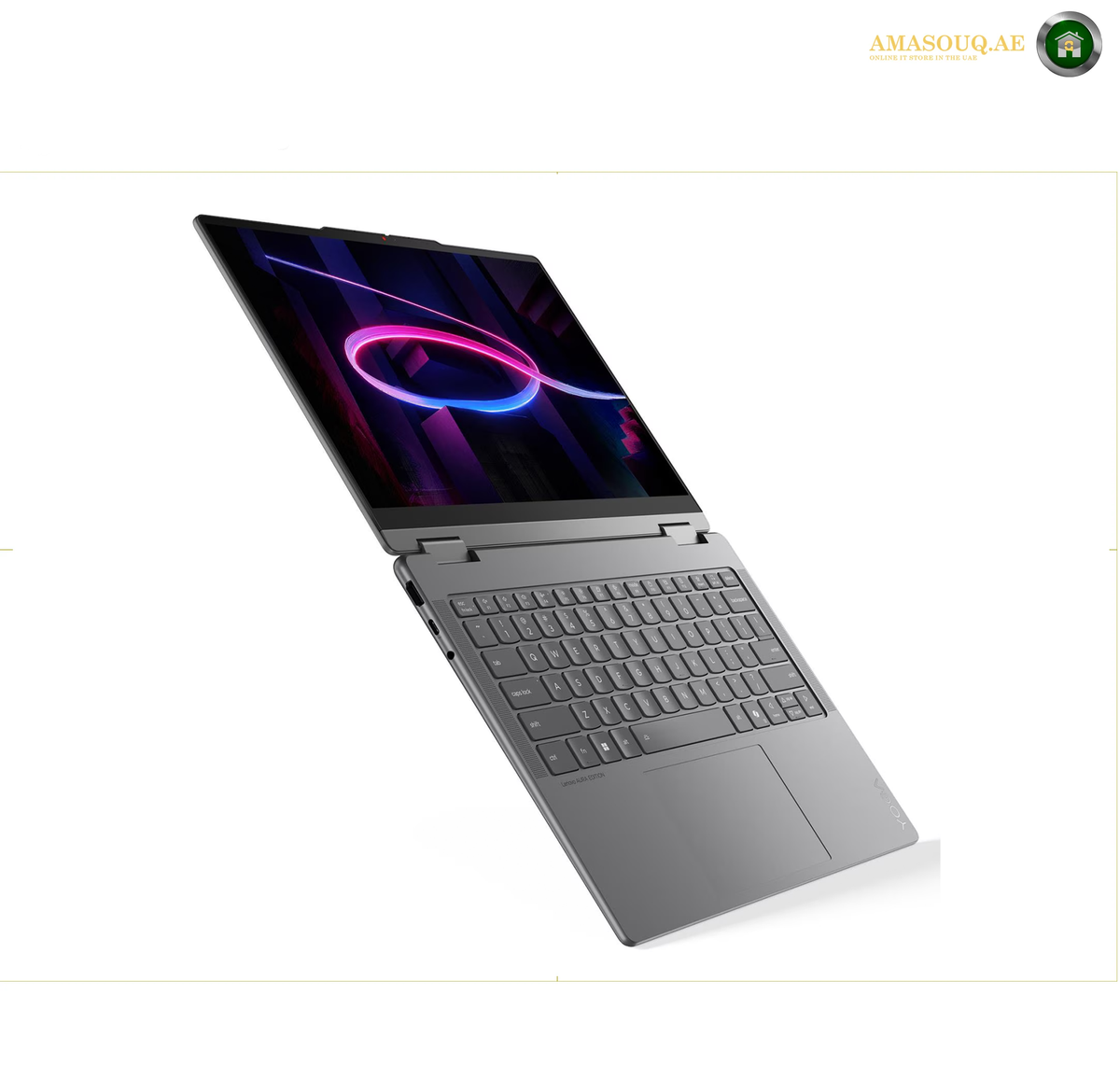 Lenovo Yoga 7 convertible 2-in-1 laptop design | 83TC009WAK. A dark gray convertible laptop shown open at an angle, displaying a colorful screen with a neon ring graphic. The laptop features a sleek keyboard and a large trackpad on a clean white background.
