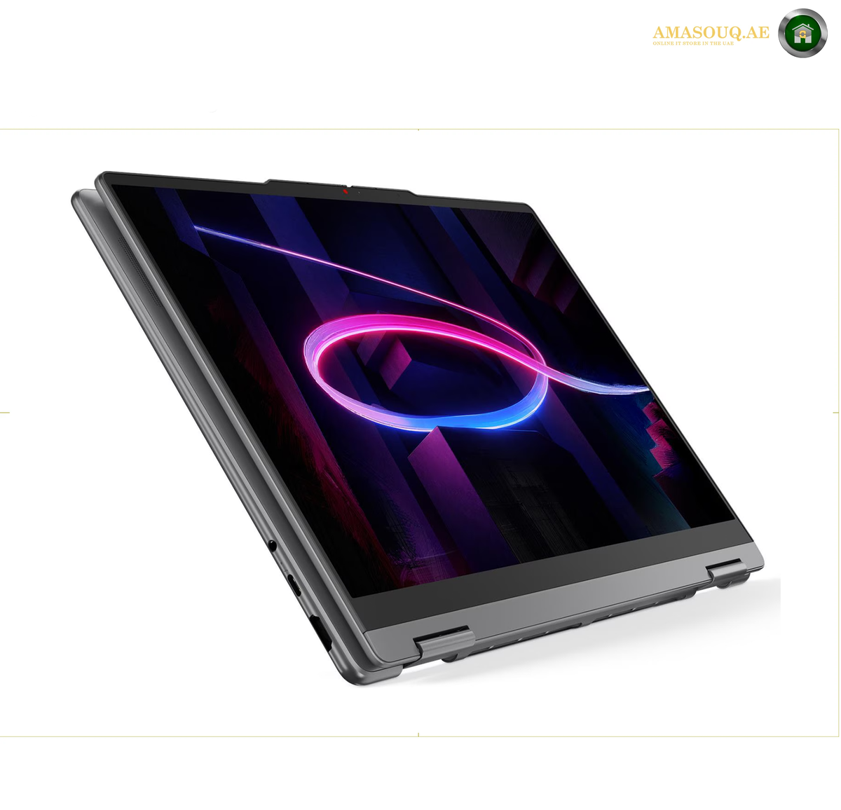 Lenovo Yoga 7 2-in-1 laptop with included pen for notes and drawing | 83TC009WAK. A dark gray Lenovo ThinkPad laptop shown open at an angle, with its screen on and displaying a colorful abstract wallpaper. The image is set against a plain white background with a small 'AMASOUQ.
