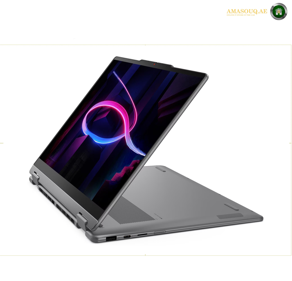 Lenovo Yoga 7 laptop powered by Intel Core Ultra 7 355 | 83TC009WAK. A gray convertible laptop shown open at an angle, with its screen turned on and displaying a dark abstract wallpaper. The laptop is photographed on a clean white background with a small 'AMASOUQ.