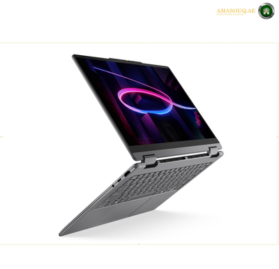 Lenovo Yoga 7 14-inch WUXGA touchscreen laptop | 83TC009WAK. A black Lenovo laptop shown open at an angle on a white background, with the screen turned on and displaying a blue Windows desktop. The Lenovo logo is visible on the bottom-right corner of the palm rest.