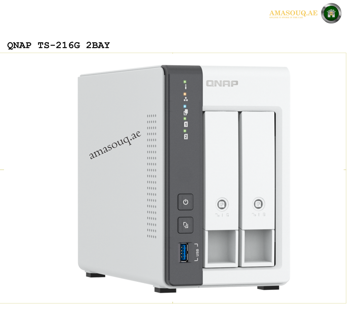 QNAP TS-216G Front View NAS | TS-216G. QNAP TS-216G 2BAY NAS server on a white background with 'amasouq.ae' branding.