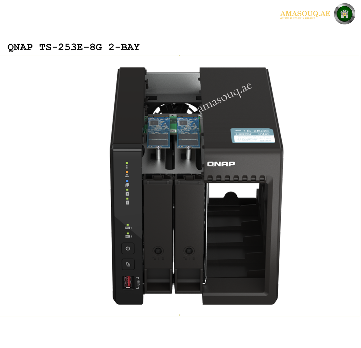 QNAP TS-253E-8G Front View NAS | TS-253E-8G. QNAP TS-253E-8G 2-BAY NAS server on a white background