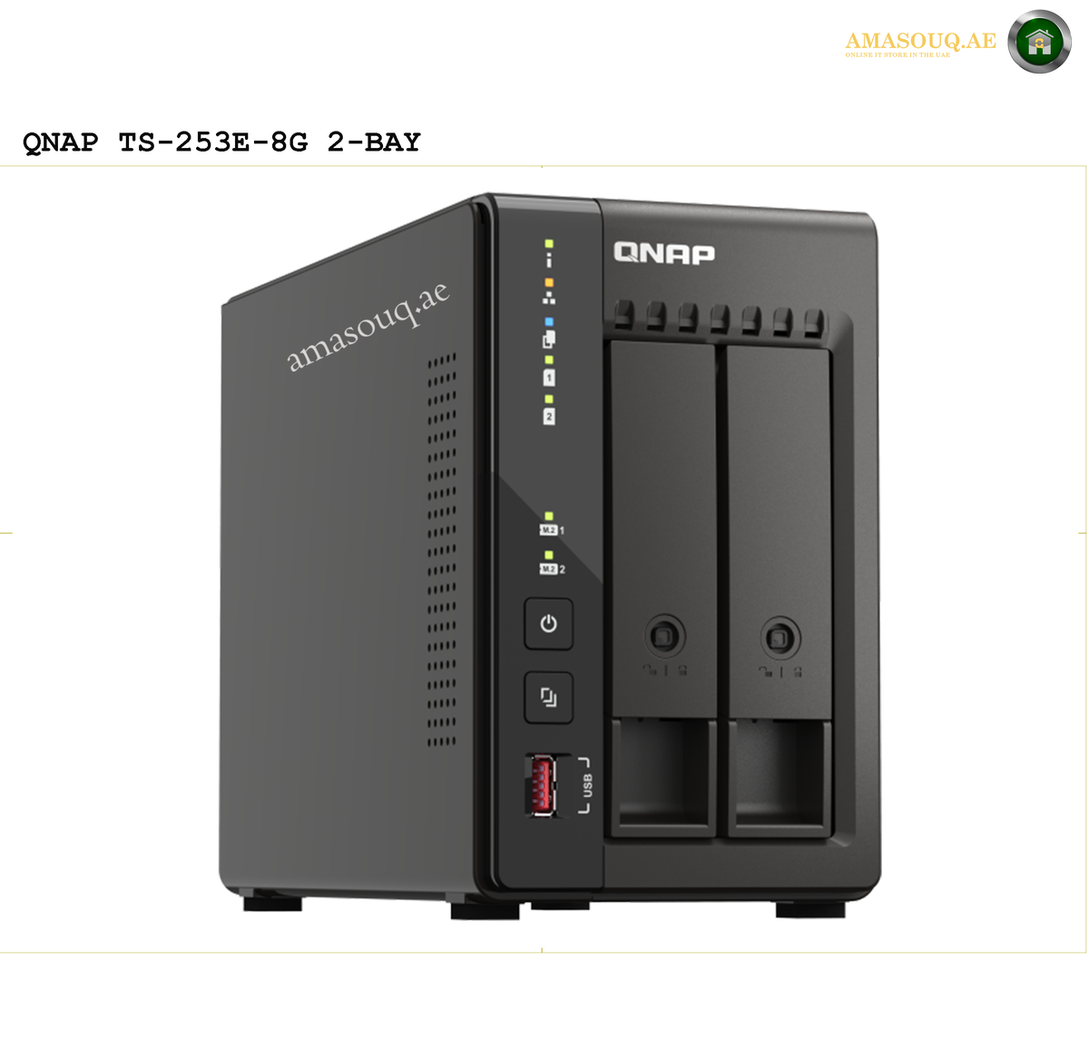 QNAP TS-253E-8G Rear View NAS | TS-253E-8G. QNAP TS-253E-8G 2-BAY network-attached storage device on a white background