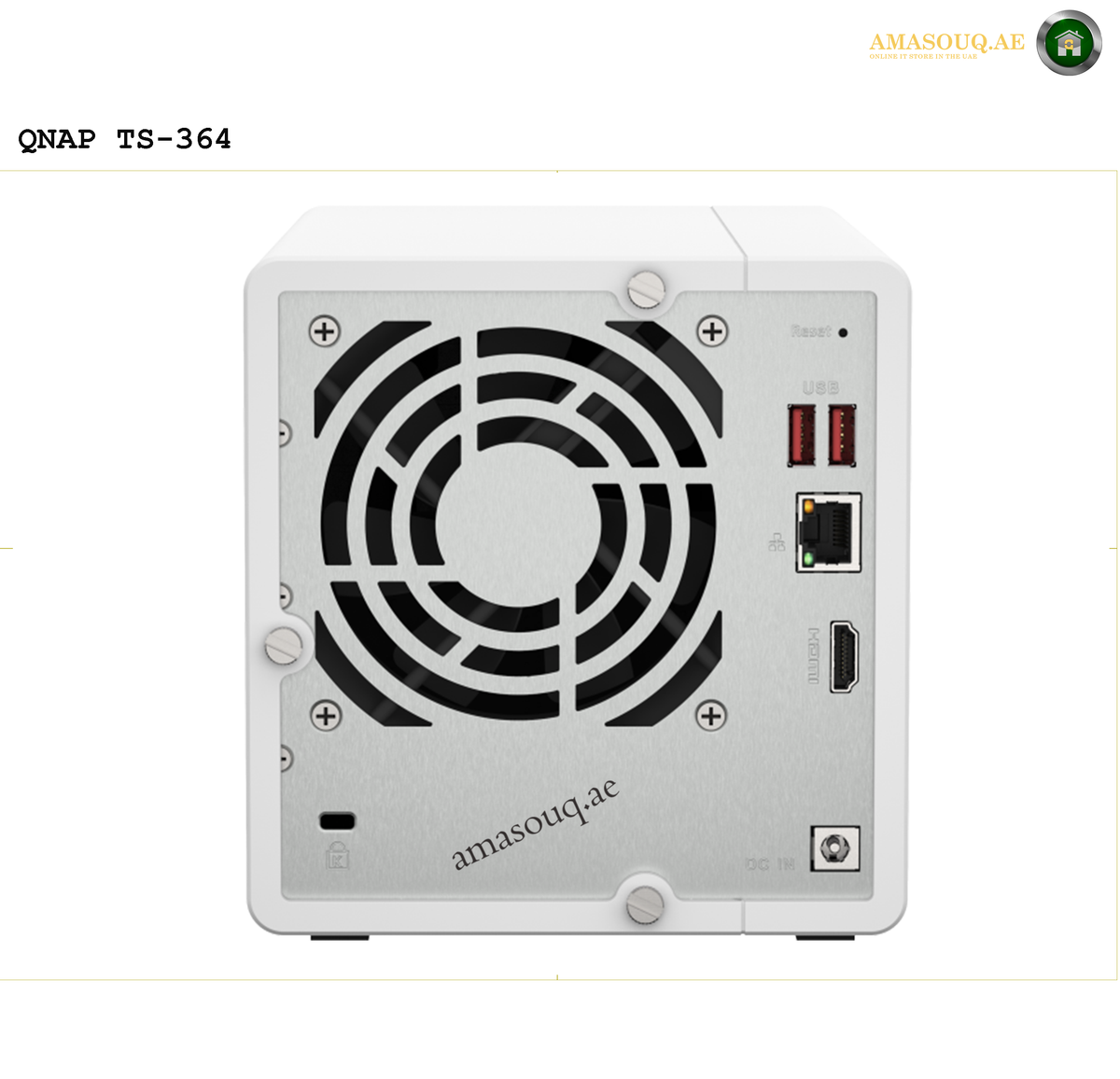 QNAP TS-364-8G Rear View NAS | TS-364-8G. Back view of a QNAP TS-364 NAS device with cooling fan and ports on a white background.