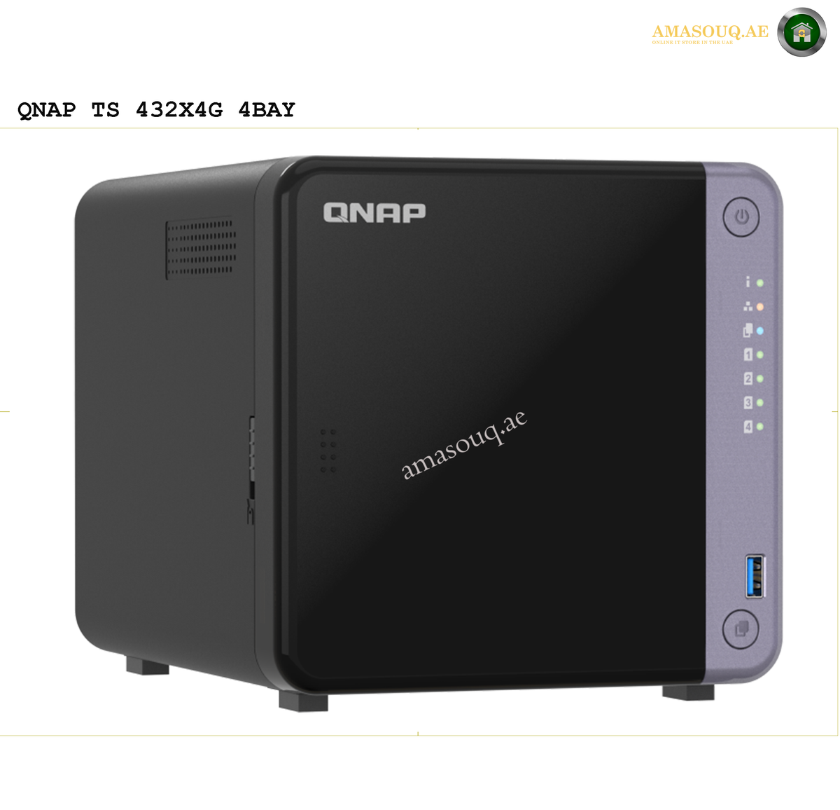 QNAP TS-432X-4G Front View NAS | TS-432X-4G.QNAP NAS device with 'amasouq.ae' branding on a white background