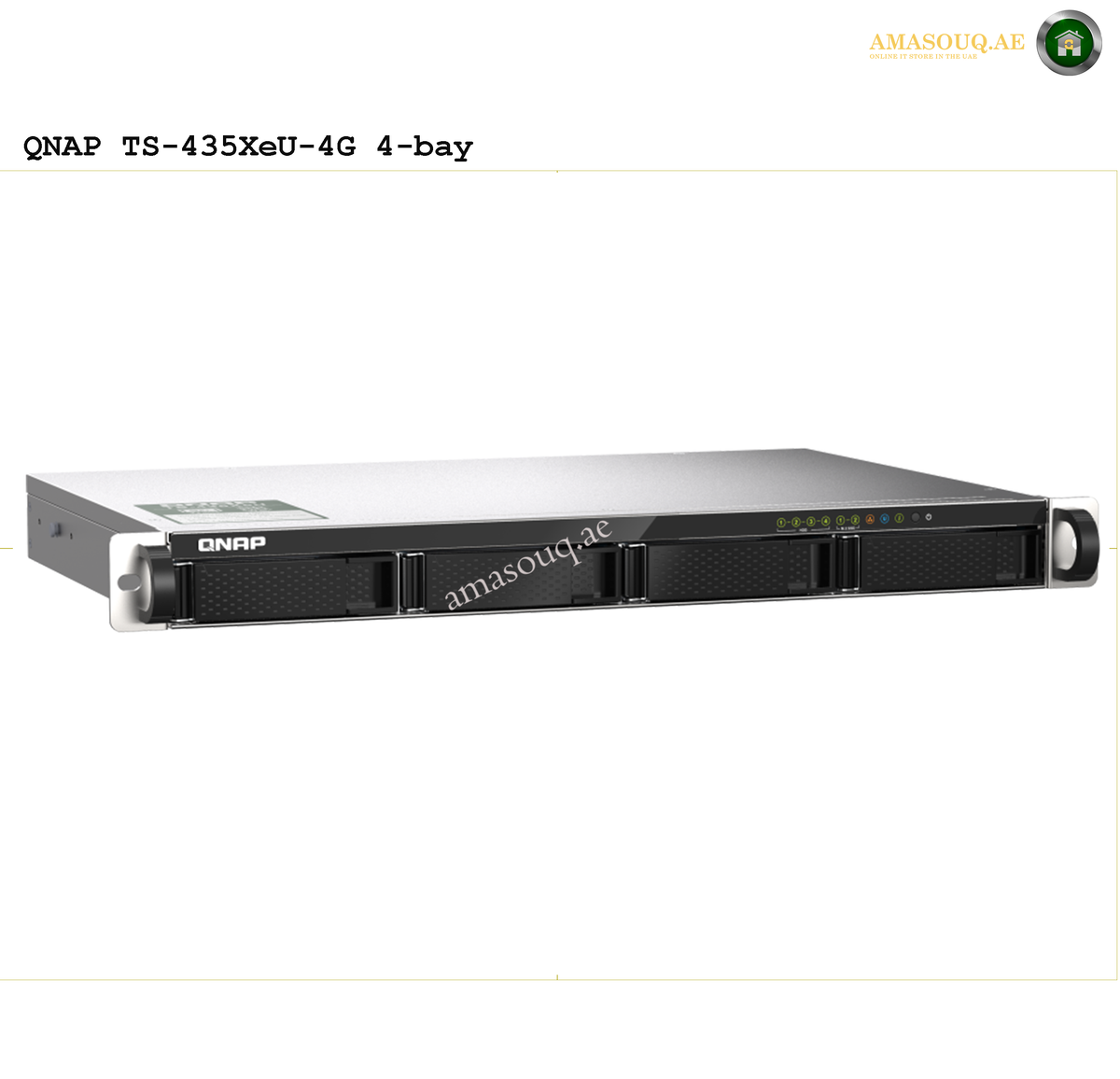 QNAP TS-433eU Short-Depth 1U Rackmount NAS | TS-433eU. QNAP TS-435XeU-4G 4-bay server on a white background