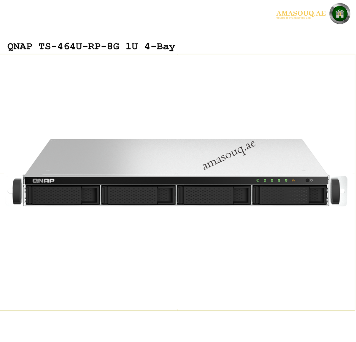 QNAP TS-433eU 4GB RAM NAS | TS-433eU. QNAP TS-464U-RP-8G 1U 4-Bay server on a white background with 'amasouq.ae' branding.