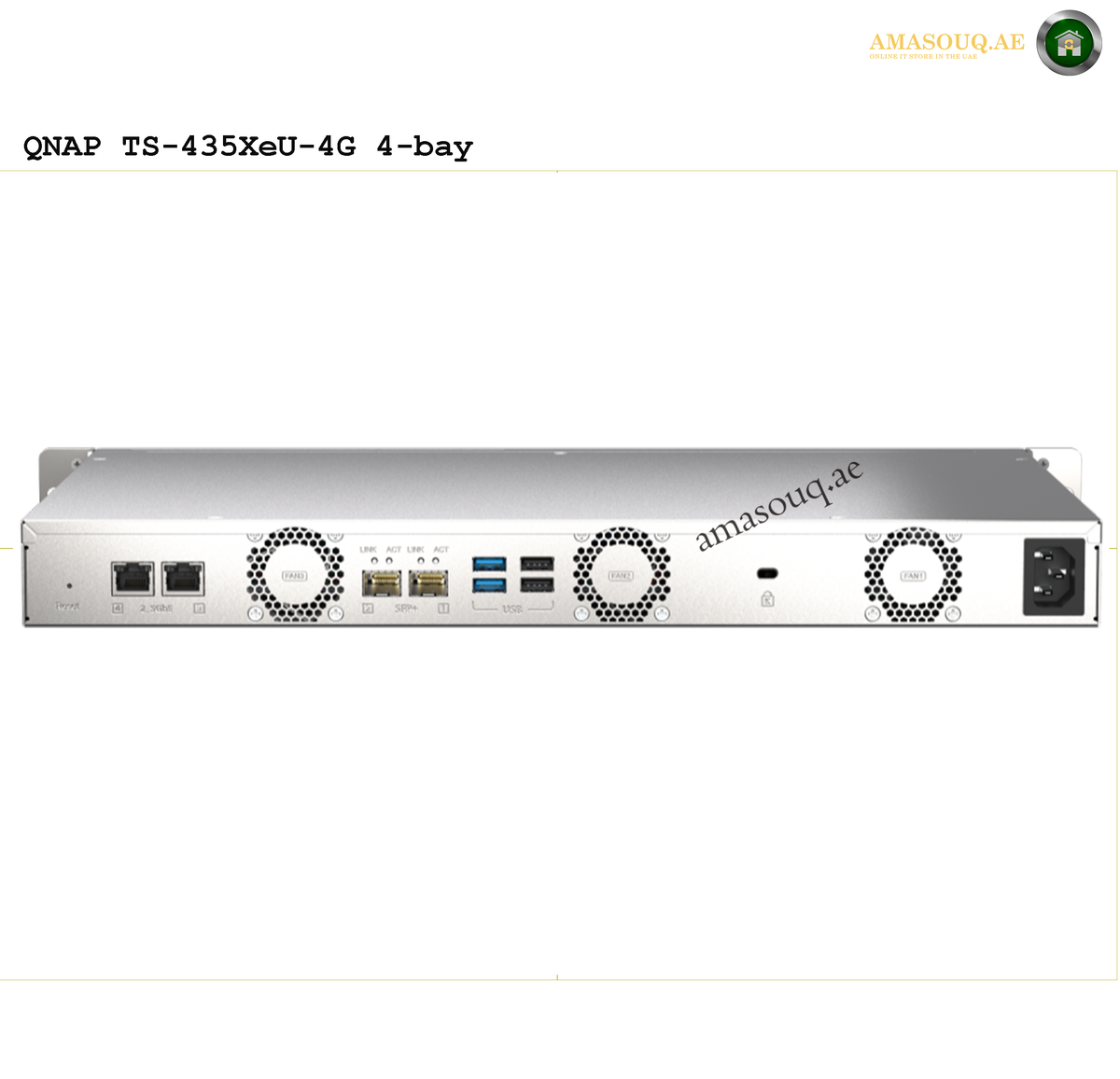 QNAP TS-433eU Quad-Core 2.0GHz NAS | TS-433eU. QNAP TS-435XeU-4G 4-bay server on a white background with 'AMASOUQ' branding.