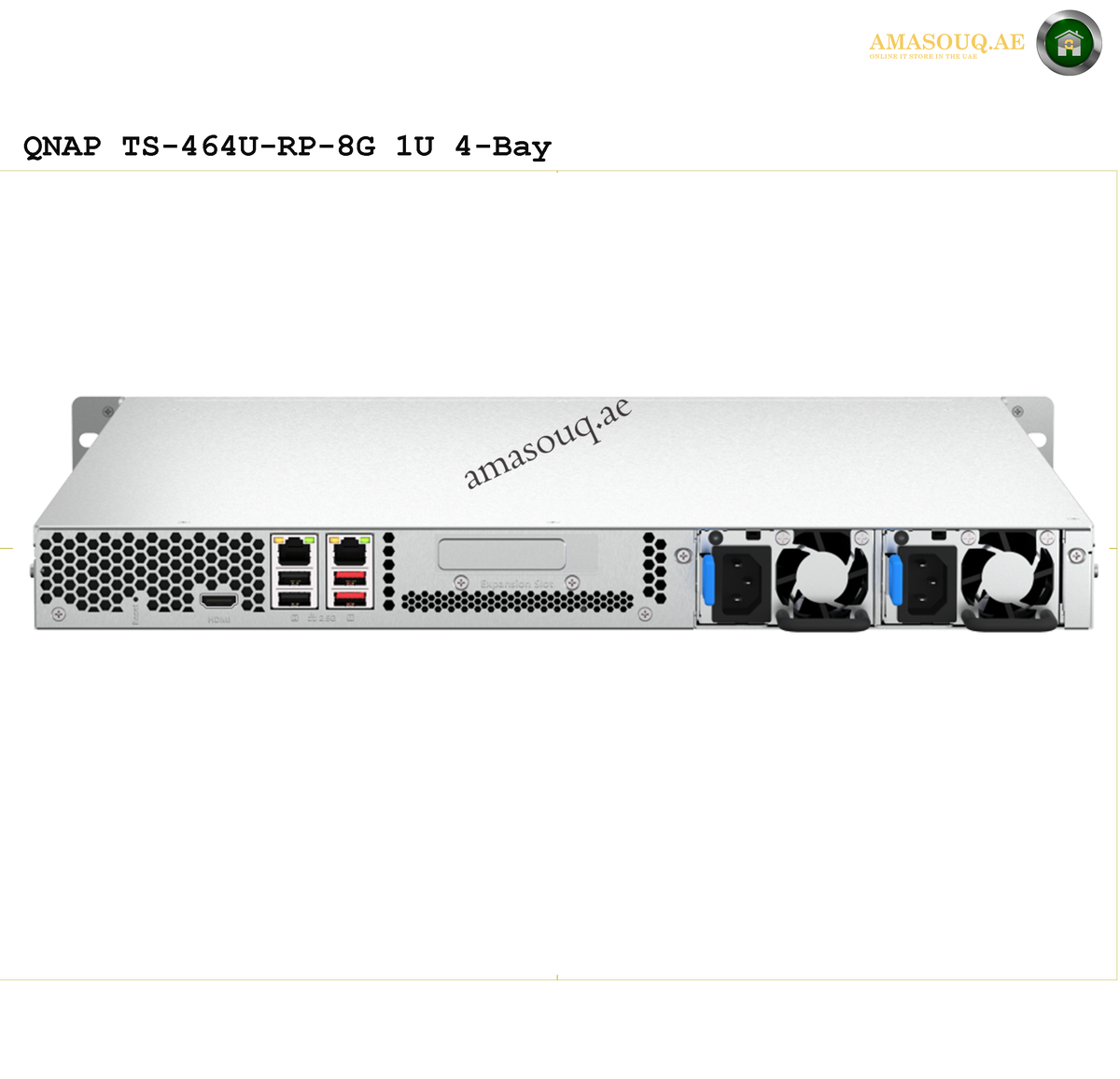 QNAP TS-433eU SATA 6Gb/s Storage NAS | TS-433eU. QNAP TS-464U-RP-8G 1U 4-Bay server with Amazonaq branding on a white background