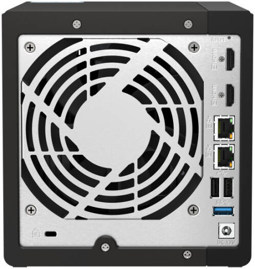 QNAP TS-453E-8G 4-Bay Storage NAS | TS-453E-8G. Small form factor computer case with cooling fan and ports on a white background