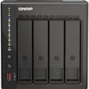 QNAP TS-453E-8G Front View NAS | TS-453E-8G. QNAP network-attached storage device with four bays on a black background