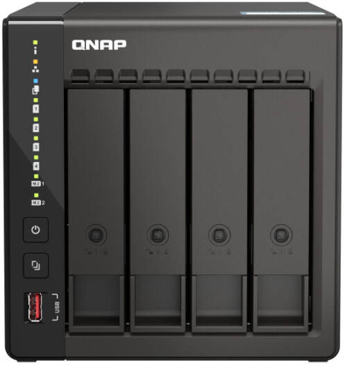 QNAP TS-453E-8G Front View NAS | TS-453E-8G. QNAP network-attached storage device with four bays on a black background