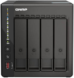 QNAP TS-453E-8G Front View NAS | TS-453E-8G. QNAP network-attached storage device with four bays on a black background